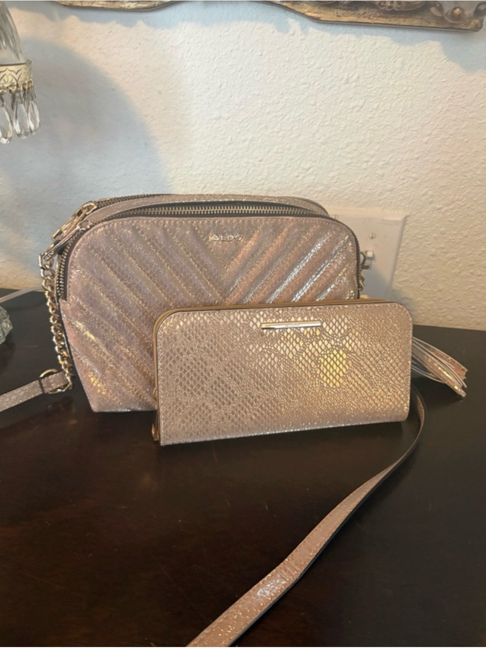 ALDO Metallic Rose Gold Crossbody Bag with Matching Wallet